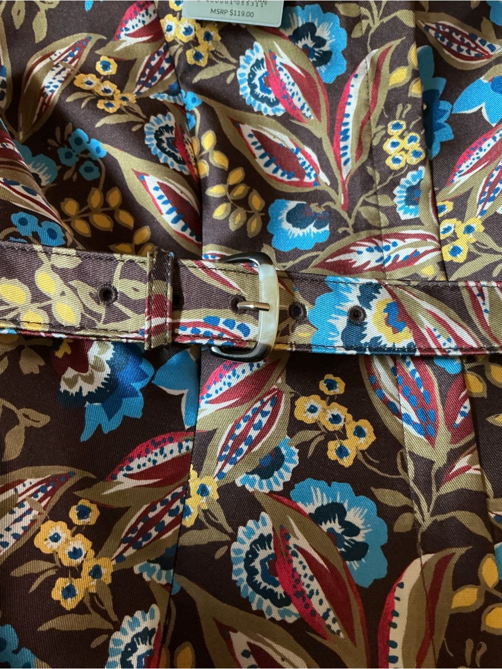 Preston & York Brown Floral Cap-Sleeve Belted Top with Blue Accents - Picture 6 of 8